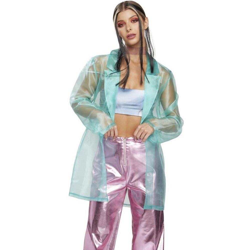 Iridescent Glam Teal Transparent Trench Coat S/M